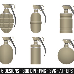 May include: Six different designs of hand grenades, each with a different shape and style. The grenades are all in a realistic style and are rendered in a 3D format. The grenades are all in a neutral color scheme, with a combination of brown, black, and silver.