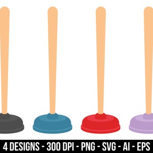 May include: Four plunger designs with wooden handles. The plungers are black, blue, red, and purple.