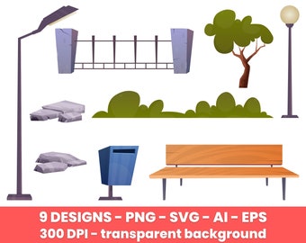 Park landscape elements in cartoon style clipart – clip art commercial use, vector graphics, digital images, instant download – CLP539