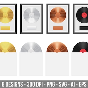 Gold, Silber und Bronze Vinyl-Schallplatte Clipart-Set. Digitale Bilder oder Vektorgrafiken für den kommerziellen und persönlichen Gebrauch.
