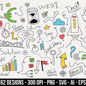 Ensemble de clipart dessiné à la main par des icônes d’affaires. Images numériques ou graphiques vectoriels à usage commercial et personnel.