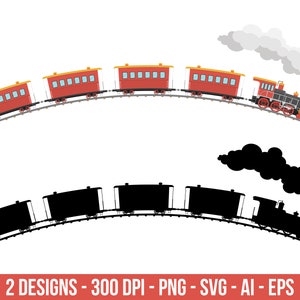 May include: A red and black cartoon train with smoke coming from the chimney. The train has four red passenger cars and a black locomotive. The train is on a curved track.