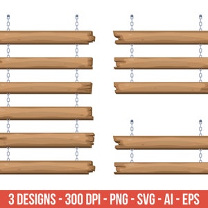 May include: Set of three wooden signs with hanging chains. Each sign has a different number of planks. The signs are blank and ready for text or images.