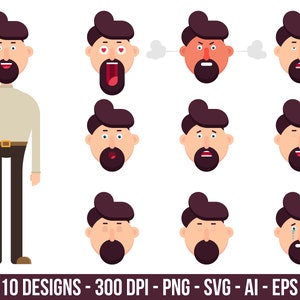 Personaje masculino con diferentes emociones de cara conjunto de imágenes prediseñadas. Imágenes digitales o gráficos vectoriales para uso comercial y personal.