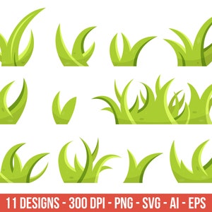 May include: Eleven different cartoon illustrations of green grass in various shapes and sizes. The grass is drawn in a simple, cartoon style and is perfect for use in digital projects.
