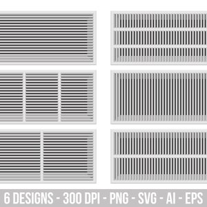 Può includere: Sei diversi design di griglie di ventilazione rettangolari bianche con vari motivi di lamelle orizzontali e verticali. Il testo "6 DESIGNS - 300 DPI - PNG - SVG - AI - EPS" è nella parte inferiore dell'immagine.