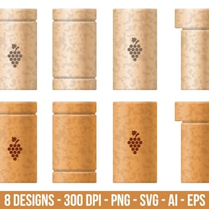 May include: Eight different designs of cork bottle stoppers with a grape design. The stoppers are made of cork and have a natural brown color.