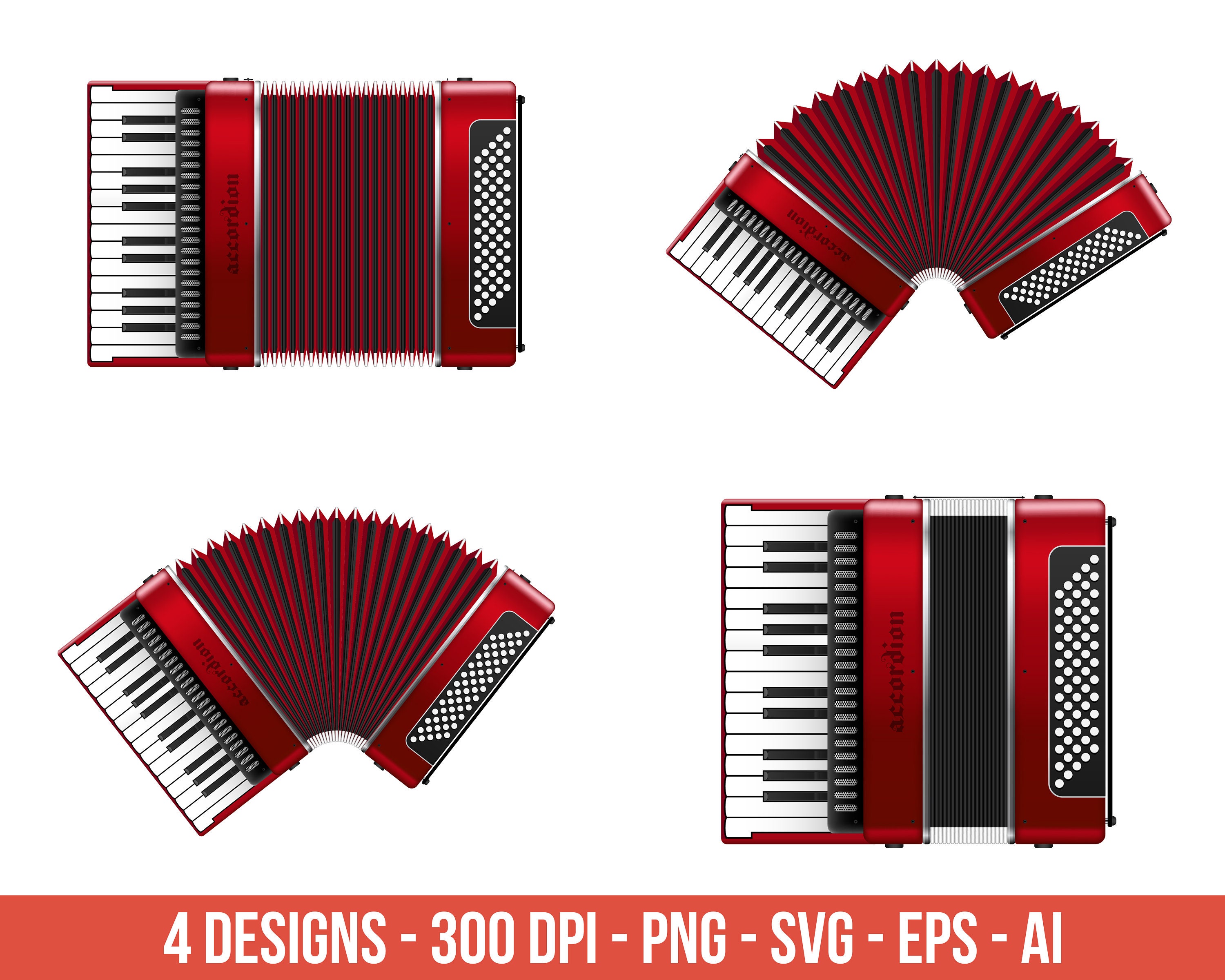 Retro red accordion clipart, music instrument clip art – clip art  commercial use, vector graphics, digital images, instant download – CLP1