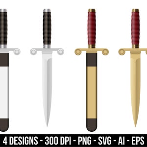 May include: Four different designs of a dagger with a black, silver, gold, and red handle. The daggers have a silver blade and gold accents.