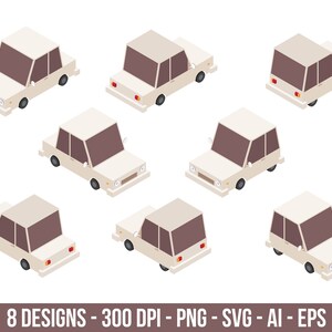 May include: Eight isometric views of a white car with brown windows. The car is shown from different angles, including the front, back, and sides.