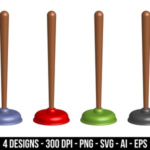 May include: Four different colored plungers with brown wooden handles. The plungers are blue, red, green, and black.