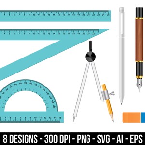 Clipart-set med skol- och kontorsmaterial. Digitala bilder eller vektorgrafik för kommersiellt och personligt bruk.