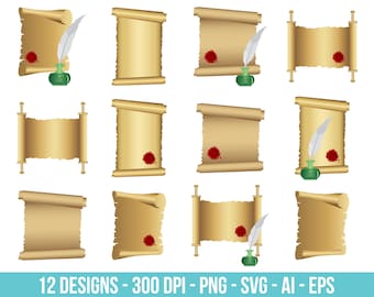 Papyrus scroll clipart set. Digital images or vector graphics for commercial and personal use.