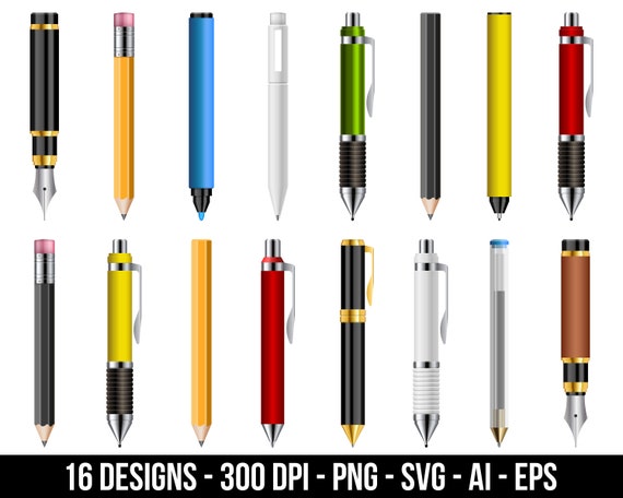 Pen Clip Art, Watercolor Pens Clipart, 30 Image Bundle, Colorful Pen  Clipart 