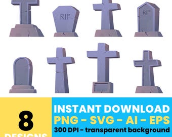 Cartoon Gravestone Clipart – Digital Tombstone Graphics, Vector Art for Halloween and Gothic Themes, Instant Download – CLP1133