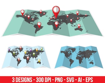 World travel map clipart set. Digital images or vector graphics for commercial and personal use.