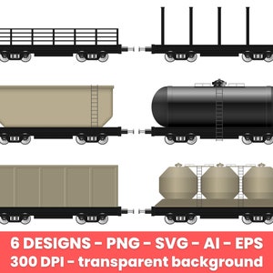 May include: Six different designs of train cars, including a flatbed car, a hopper car, and a tank car. The cars are all black with gray details and are set against a white background.