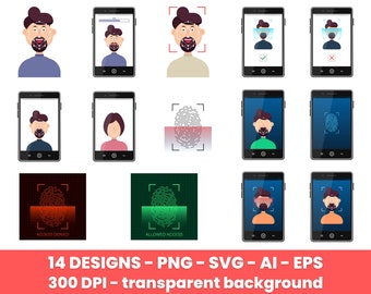 Dispositivo sbloccato tramite il set di clipart Face ID e impronta digitale. Immagini digitali o grafica vettoriale per uso commerciale e personale.