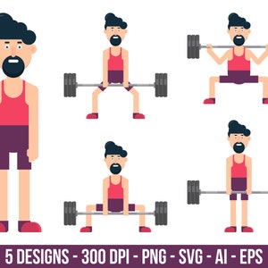 Mann Charakter Training im Fitness-Studio Clipart-Set. Digitale Bilder oder Vektorgrafiken für den kommerziellen und persönlichen Gebrauch.