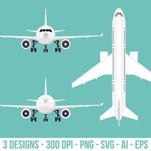 Vista frontal, traseira e superior do conjunto de clipart de avião. Imagens digitais ou gráficos vetoriais para uso comercial e pessoal.