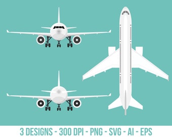 Vorder-, Rückseite- und Oberansicht des Flugzeug-Clipart-Sets. Digitale Bilder oder Vektorgrafiken für den kommerziellen und persönlichen Gebrauch.