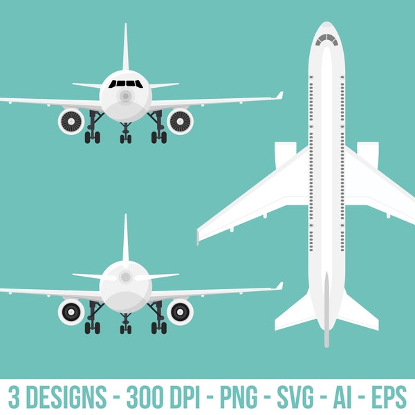 Front, back and top view of airplane clipart set. Digital images or vector graphics for commercial and personal use.