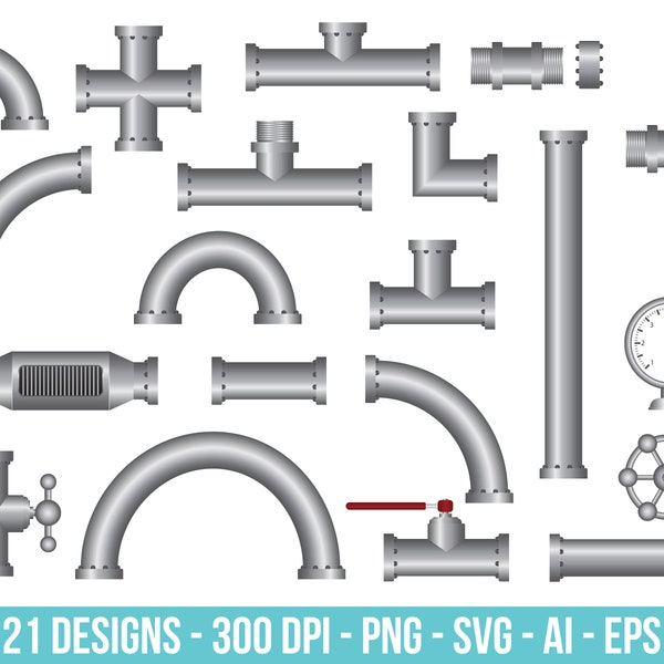 Steel pipe fittings clipart set. Digital images or vector graphics for commercial and personal use.