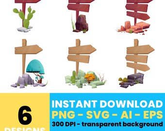 Rustic Directional Sign Clipart – Wooden Signpost Graphics with Scenic Elements, Vector Art, Instant Download – CLP640