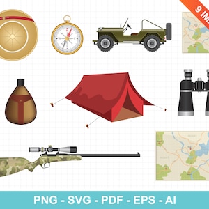 Safari equipment clipart. Safari, podróże, piesze wędrówki, pojazd, przetrwanie, dzika przyroda, wakacje. Wektorowy clipart Print.
