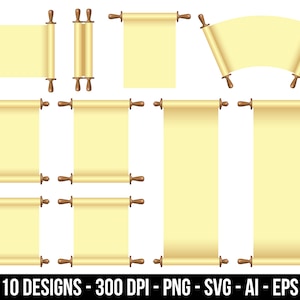 Blank paper scroll clipart set. Digital images or vector graphics for commercial and personal use.