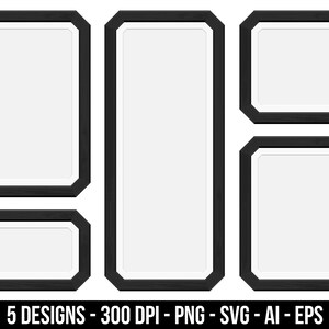 May include: Five black picture frames with white mats and octagonal edges. The frames are arranged in a vertical column with the largest frame at the top and the smallest frame at the bottom.