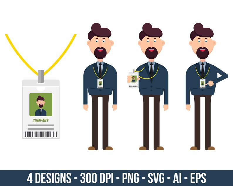 May include: Four illustrations of a man wearing a blue suit and holding a lanyard with a white ID card. The ID card has a photo of the man and the word "COMPANY" printed on it.