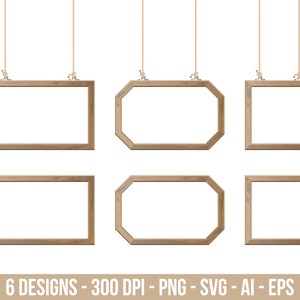 May include: Six different wooden picture frames hanging from strings. The frames are all different shapes, including square, rectangle, and octagon. The frames are all empty and ready to be filled with photos or artwork.