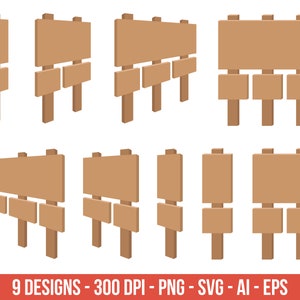 May include: Nine different designs of wooden signs with blank spaces for text. The signs are on wooden posts and are arranged in three rows.
