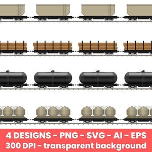May include: Four different types of freight train cars. The first car is a flatbed car with a beige box. The second car is a flatbed car with a stack of wooden logs. The third car is a black tank car. The fourth car is a flatbed car with three beige boxes.
