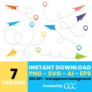 Clipart de avião de papel – Aviões coloridos com trajetórias de voo tracejadas, gráficos vetoriais para projetos criativos, download instantâneo – CLP1095