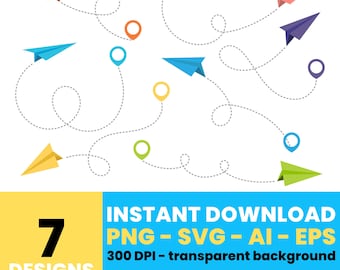 Pappersflygplan Clipart – Färgglada flygplan med streckade flygvägar, vektorgrafik för kreativa projekt, direkt nedladdning – CLP1095