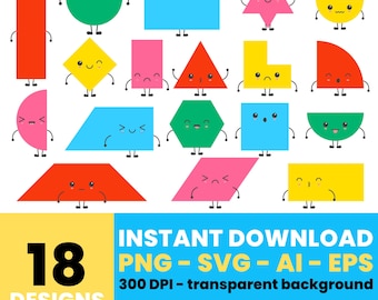 Kawaii Geometric Shapes Clipart – Cute Shapes Digital Graphics, Vector Art for Kids Crafts, Instant Download – CLP694