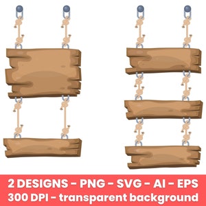 May include: Two wooden signs hanging from rope with metal hooks. The sign on the left is a single plank, while the sign on the right is three planks stacked vertically.