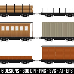 May include: Six different train car designs are shown, including a flatbed with logs, a flatbed with vertical supports, a passenger car, a container car, a flatbed, and a boxcar. The cars are brown, tan, and black.