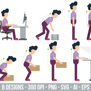 May include: Illustration of eight different ways to stand and lift objects to avoid back pain. The illustrations show a person lifting a box, standing at a computer, and lifting a suitcase. The illustrations are in a flat cartoon style.
