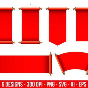 May include: Six different designs of red scroll banners with wooden dowels. The scrolls are in various positions, including horizontal, vertical, and curved.