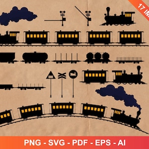 Vintage Dampflokomotive und Wagen ClipArt Set. Eisenbahntransport, Dampfzug, gewerbliche Nutzung, Clipart, Clipart kommerzielle Nutzung