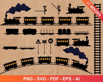 Vintage steam locomotive and wagon clip art set. Railroad transportation, steam train, commercial use, clipart, clipart commercial use