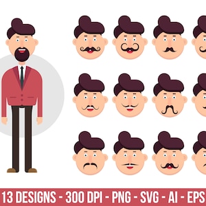 Mann Charakter mit verschiedenen Arten von Schnurrbart Clipart-Set. Digitale Bilder oder Vektorgrafiken für den kommerziellen und persönlichen Gebrauch.