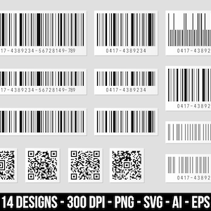 製品のバーコードと QR コードのクリップアート セット。商用および個人使用のためのデジタル画像またはベクター グラフィック。