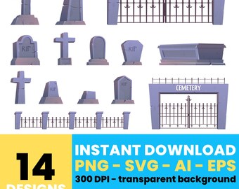 Cemetery Clipart – Gravestones, Tombs, and Gothic Gates for Spooky Designs, Vector Graphics, Instant Download – CLP1134