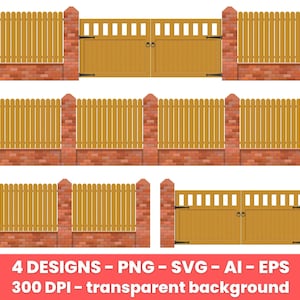 May include: Four different designs of a wooden fence with a brick base and a matching gate. The fence is made of vertical wooden slats and the gate has a decorative design. The background is transparent.