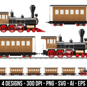 May include: Four designs of a vintage-style black and red steam locomotive with a brown wooden passenger car. The locomotive has a tall smokestack and a bell. The passenger car has six windows. The train is on a set of tracks.