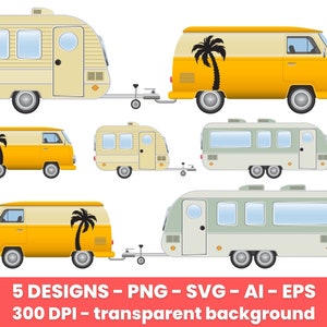Bestelwagen en aanhangwagen caravan clipart set. Digitale afbeeldingen of vectorafbeeldingen voor commercieel en persoonlijk gebruik.